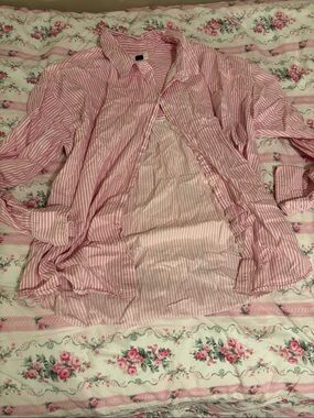 American Eagle Outfitters Oversized Pink & White Striped Button-Down Shirt